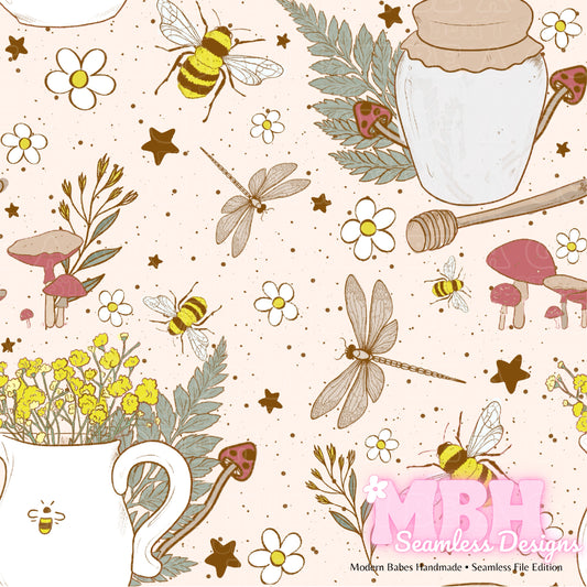 Cottagecore Honey Bee Floral MULTIPLE COLORWAYS Seamless Pattern