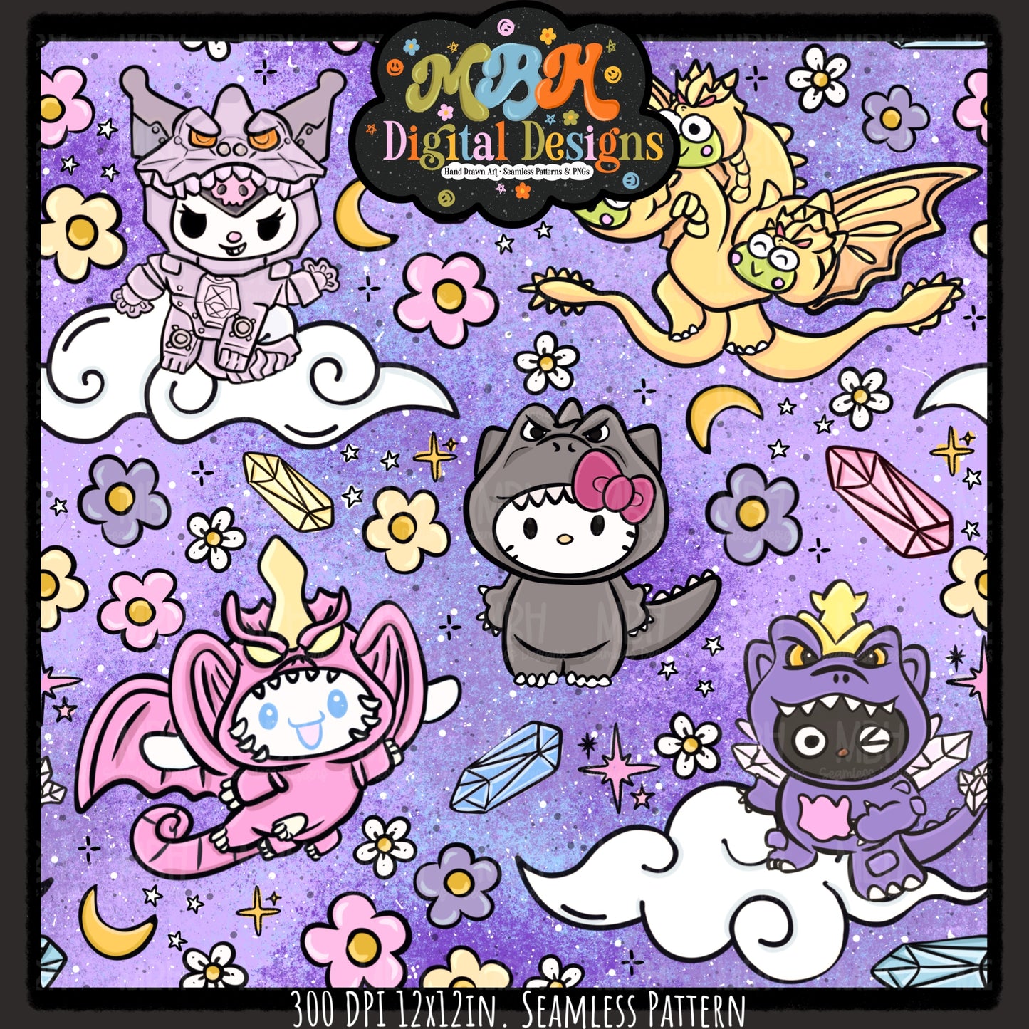 Kitty X Godzilla Seamless Pattern MULTIPLE COLORWAYS // PNG