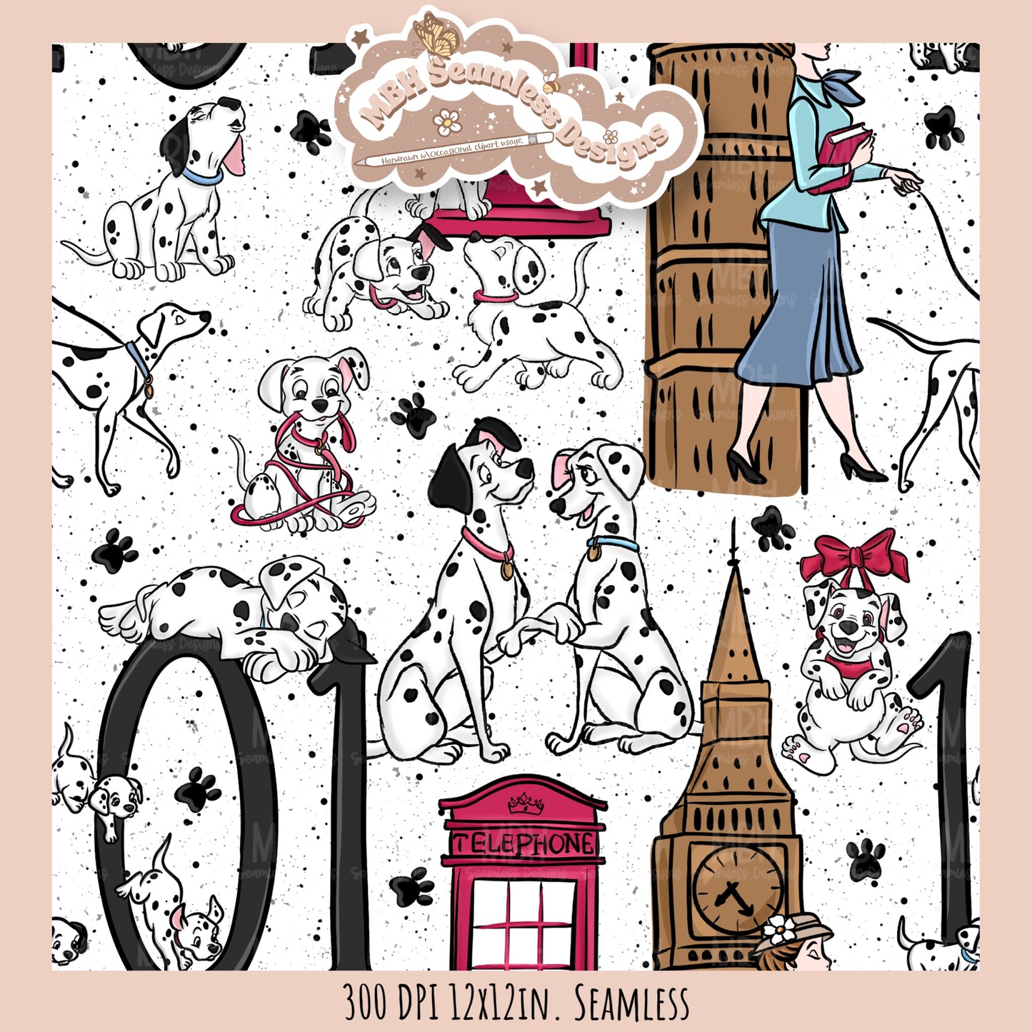London Dalmations Seamless Pattern // Multiple Colorway Options