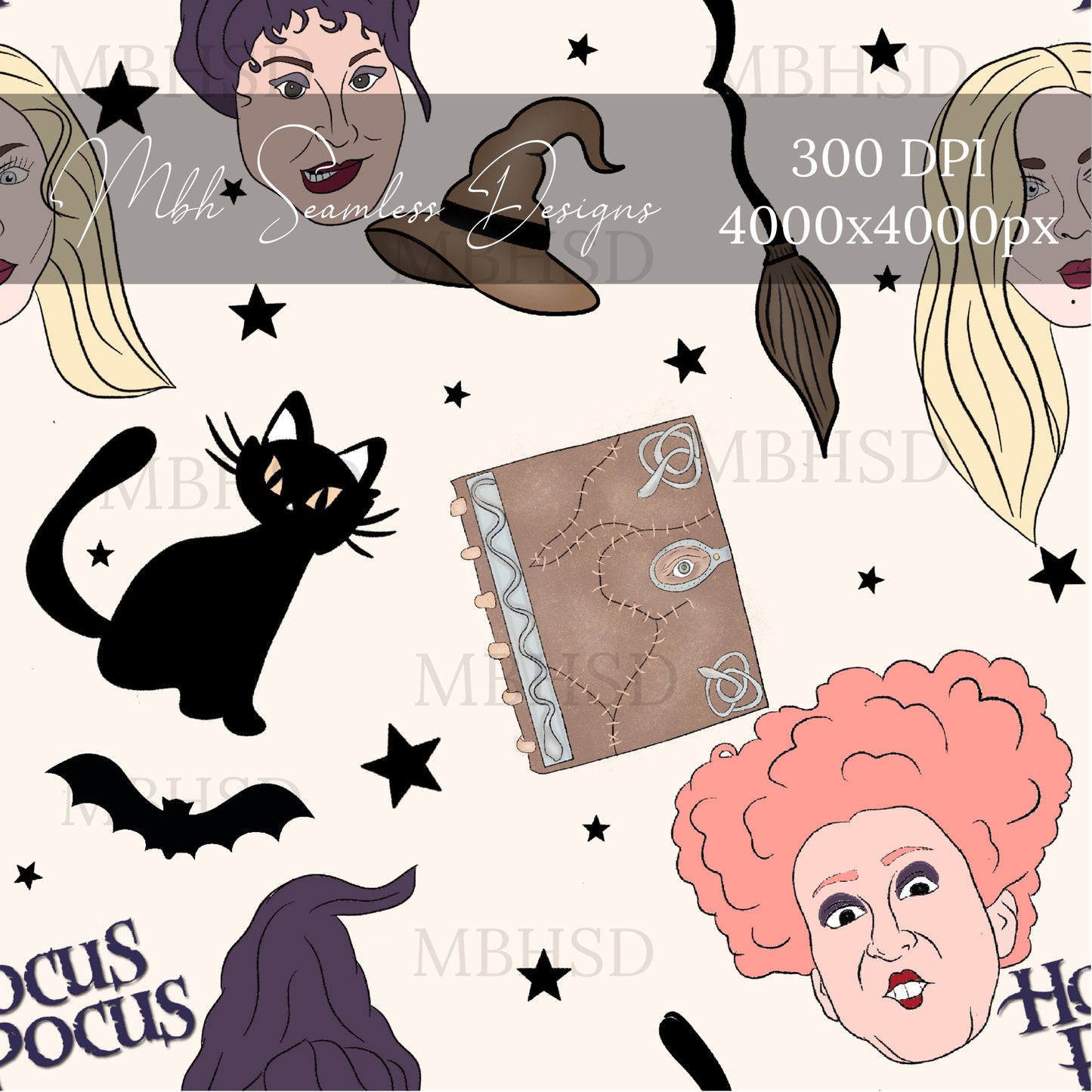 Black Starry Hocus Pocus 2 Colors Seamless Pattern