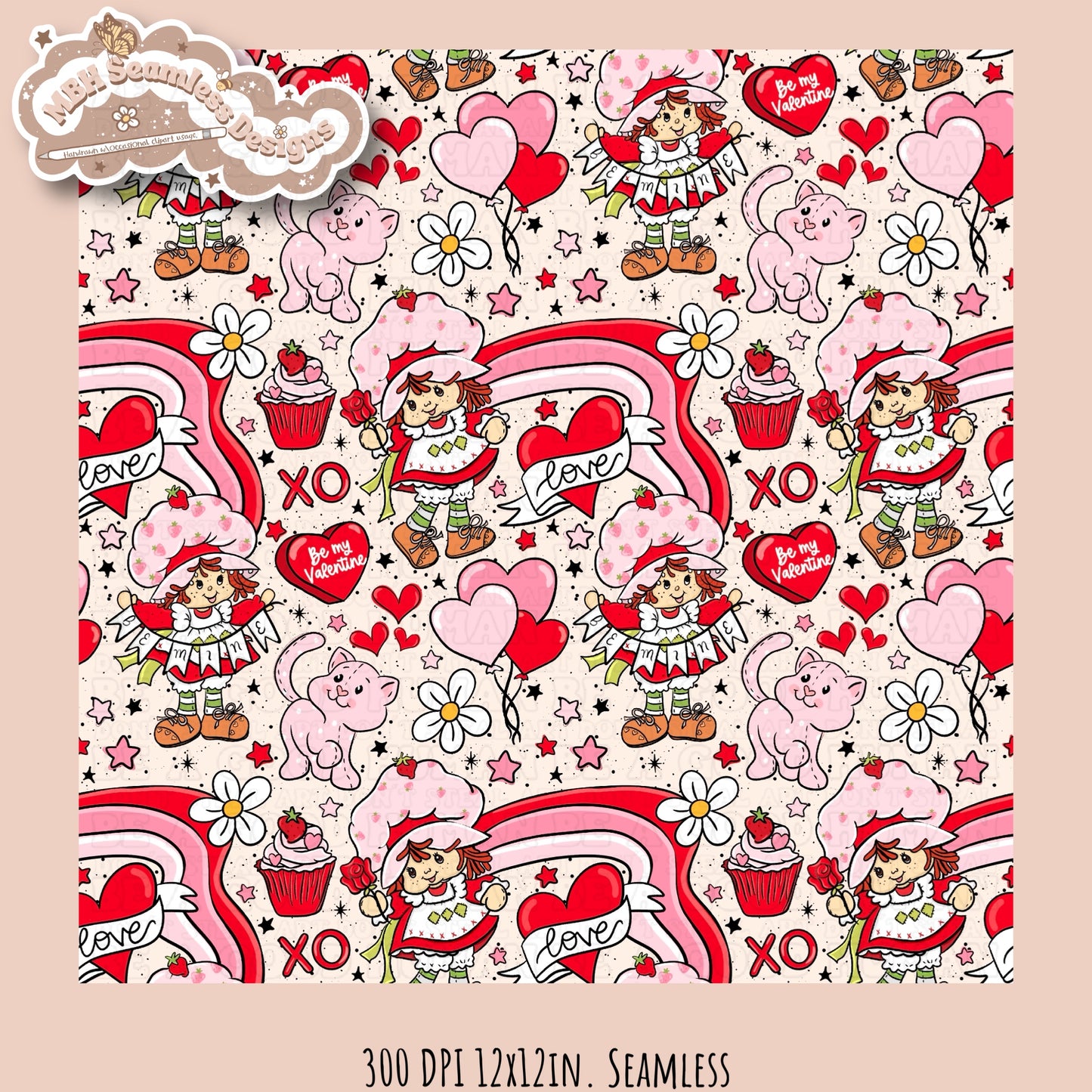 Strawberry Shortcake Valentine Seamless Pattern Multiple Colorways