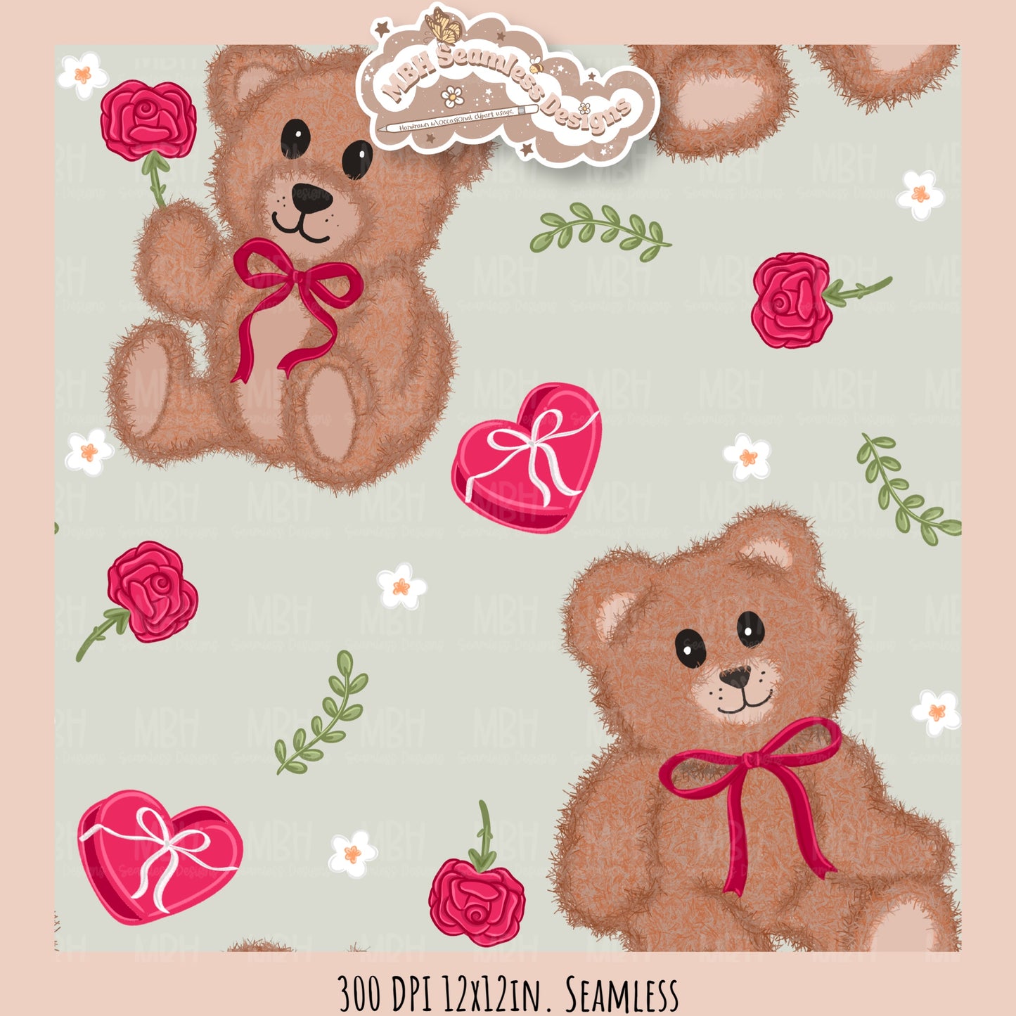 Teddy Bears & Roses Seamless Pattern // PNG // Assorted Colorways
