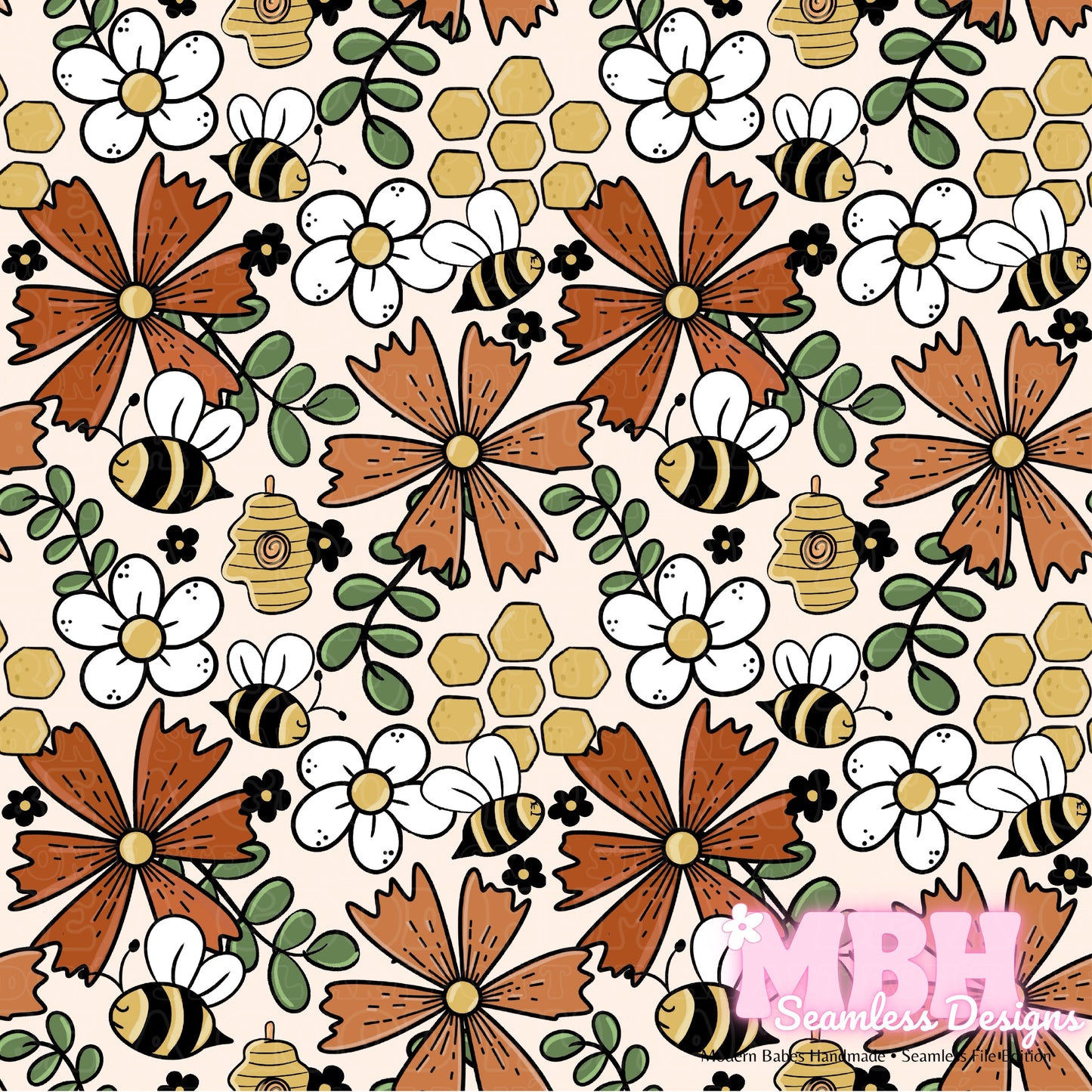 Floral Bees MULTIPLE COLORWAYS Seamless Pattern