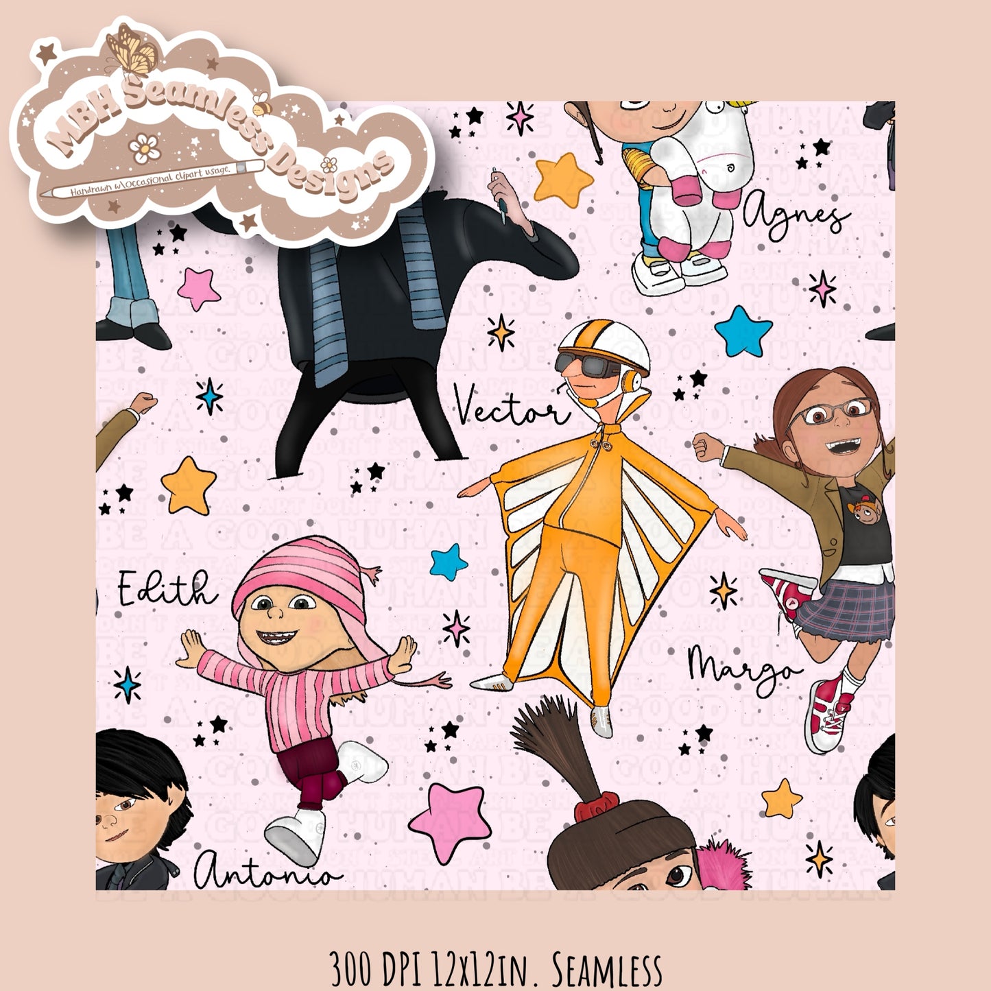 Despicable Me Character Names Seamless Pattern MULTIPLE COLORWAYS