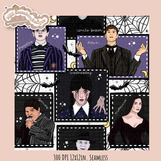 Wednesday Family Patchwork Seamless Pattern // PNG // Assorted Colorways