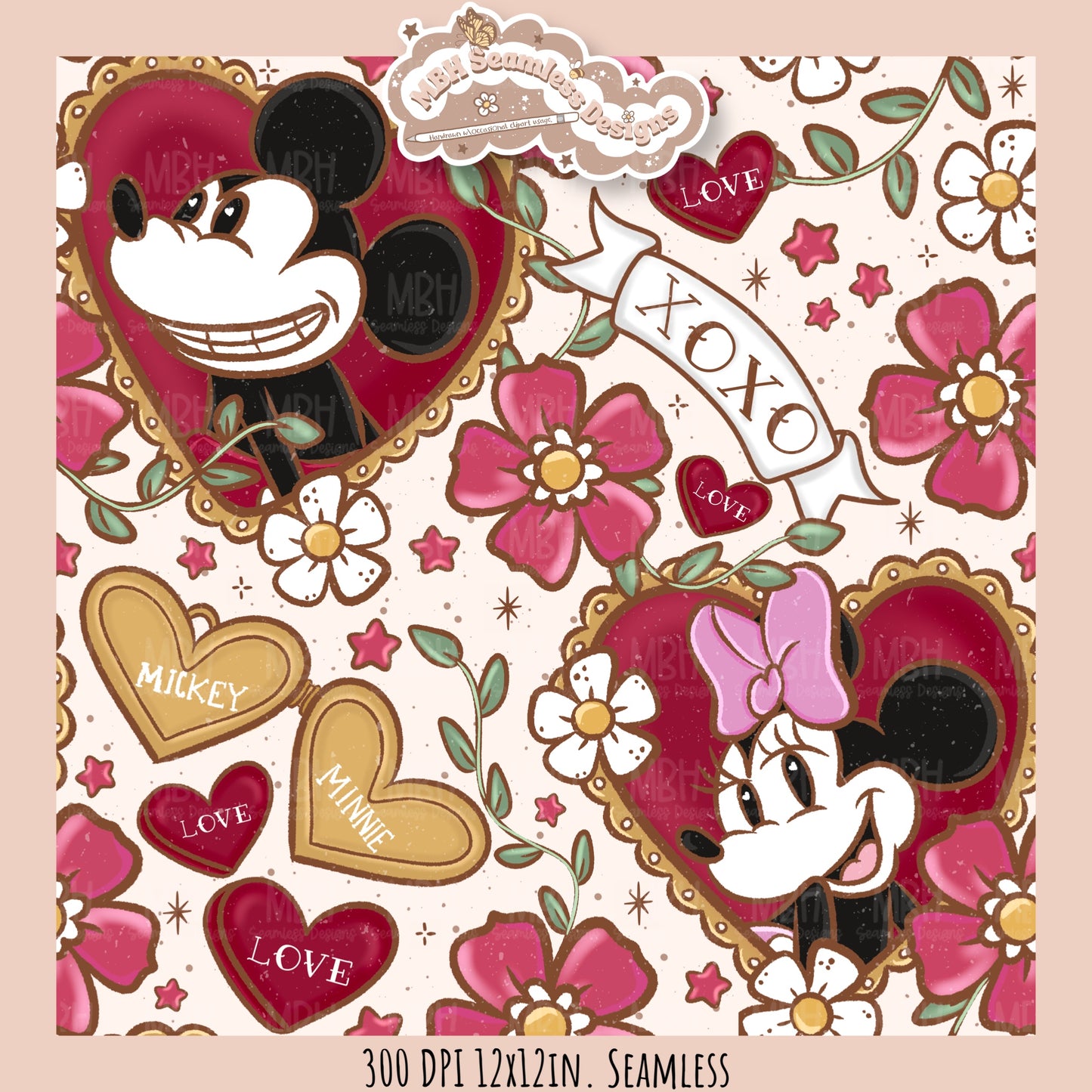 Tattoo FloralMouse Hearts Seamless Pattern // PNG //Multiple Colorways