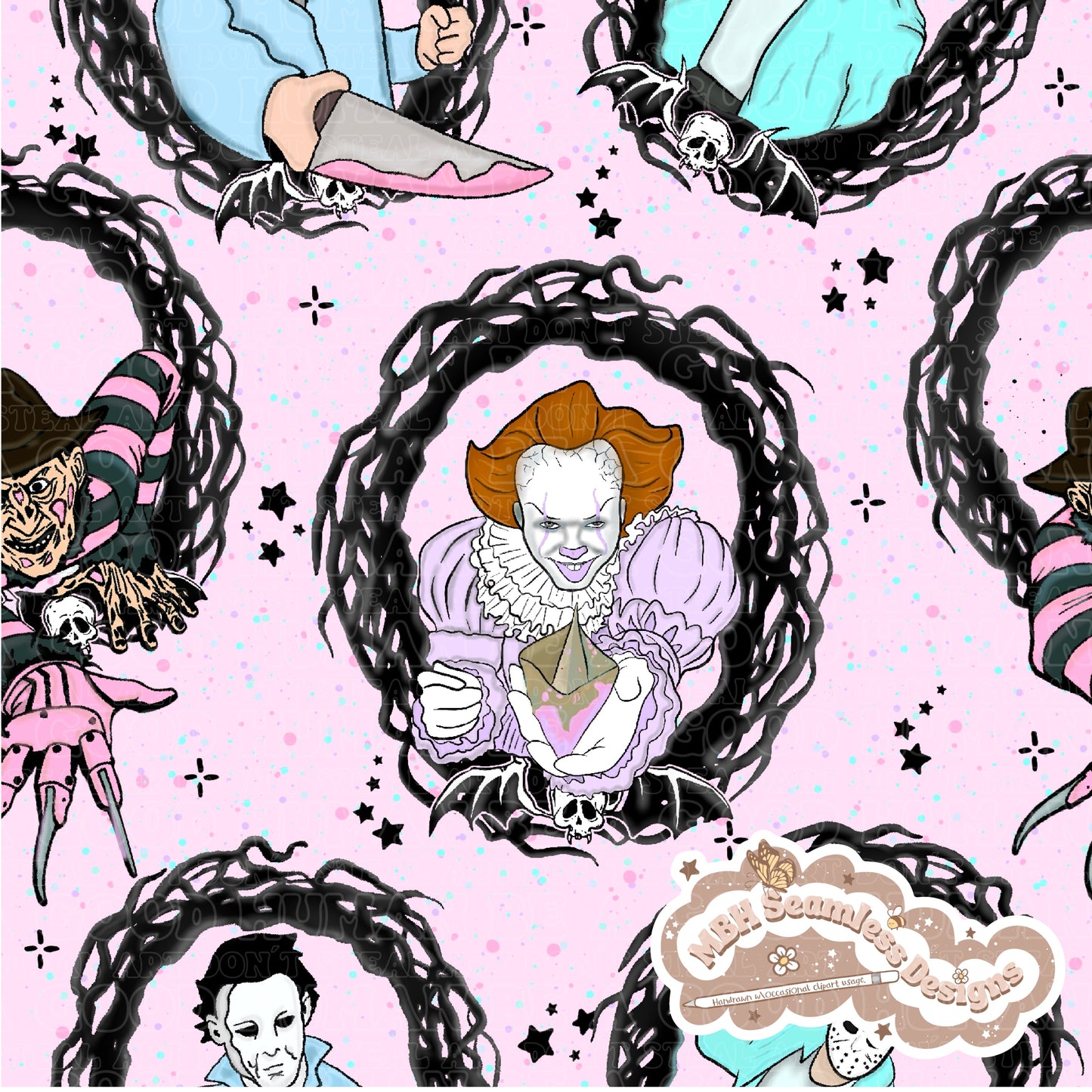 Pastel Horror Mashup Frames Seamless Pattern Multiple Colorways