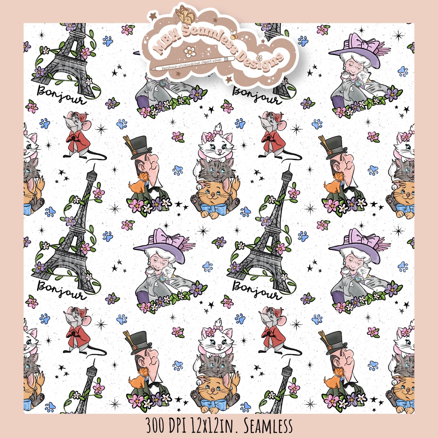 Floral Aristocats Seamless Pattern // PNG // Multiple Colorway Options