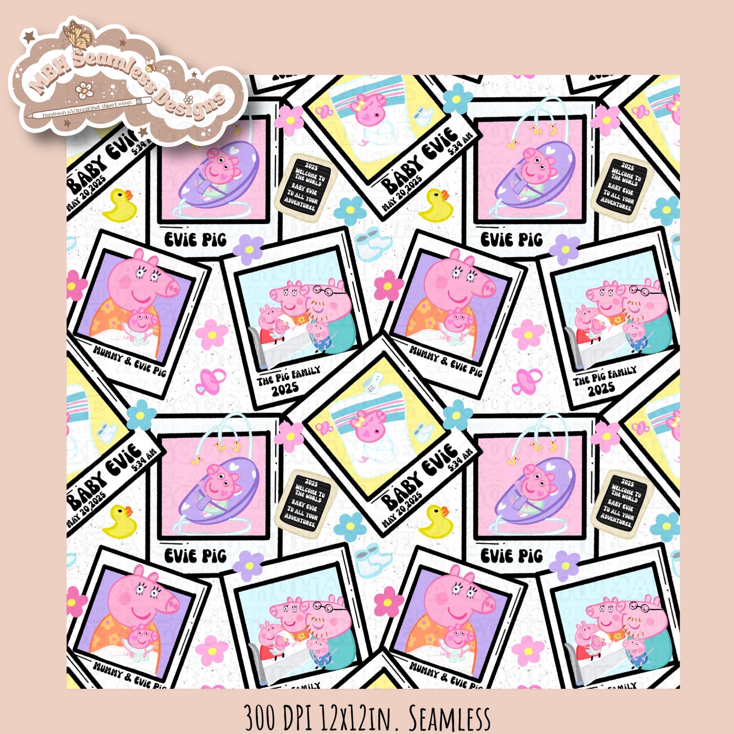 Black Outline Evie Pig Polaroids Seamless Pattern • Multiple Colorway Options
