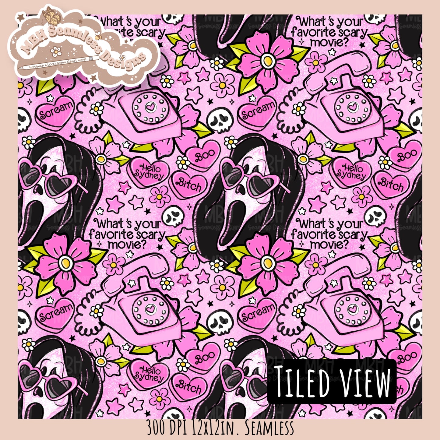 Glitter Tattoo Floral x Ghostface Seamless Pattern // PNG //Multiple Colorway Options