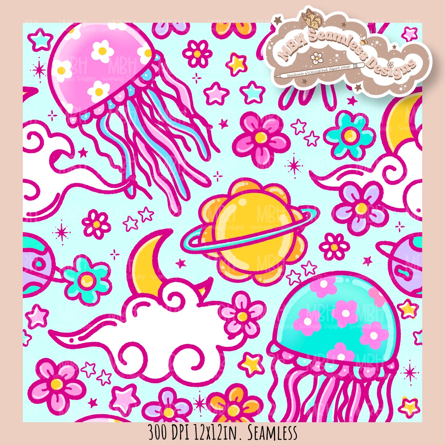 Space Jellyfish Seamless Pattern • Multiple Colorways •  Coordinates • PNG