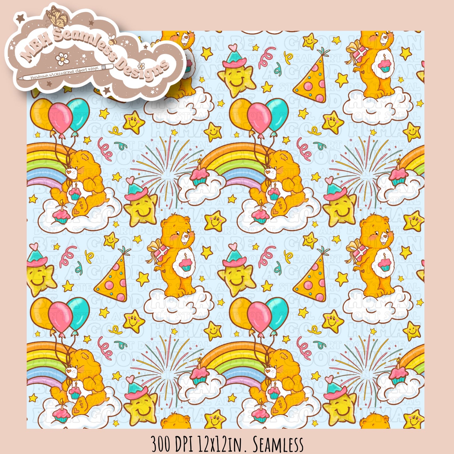 Birthday Care Bear Seamless Pattern & PNG MULTIPLE COLORWAY OPTIONS