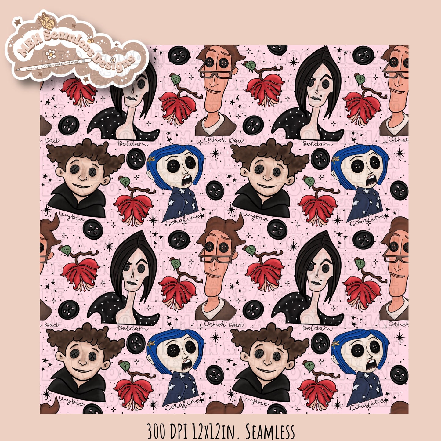 Bleeding Hearts Button Eyes Seamless Pattern Multiple Colorway Options