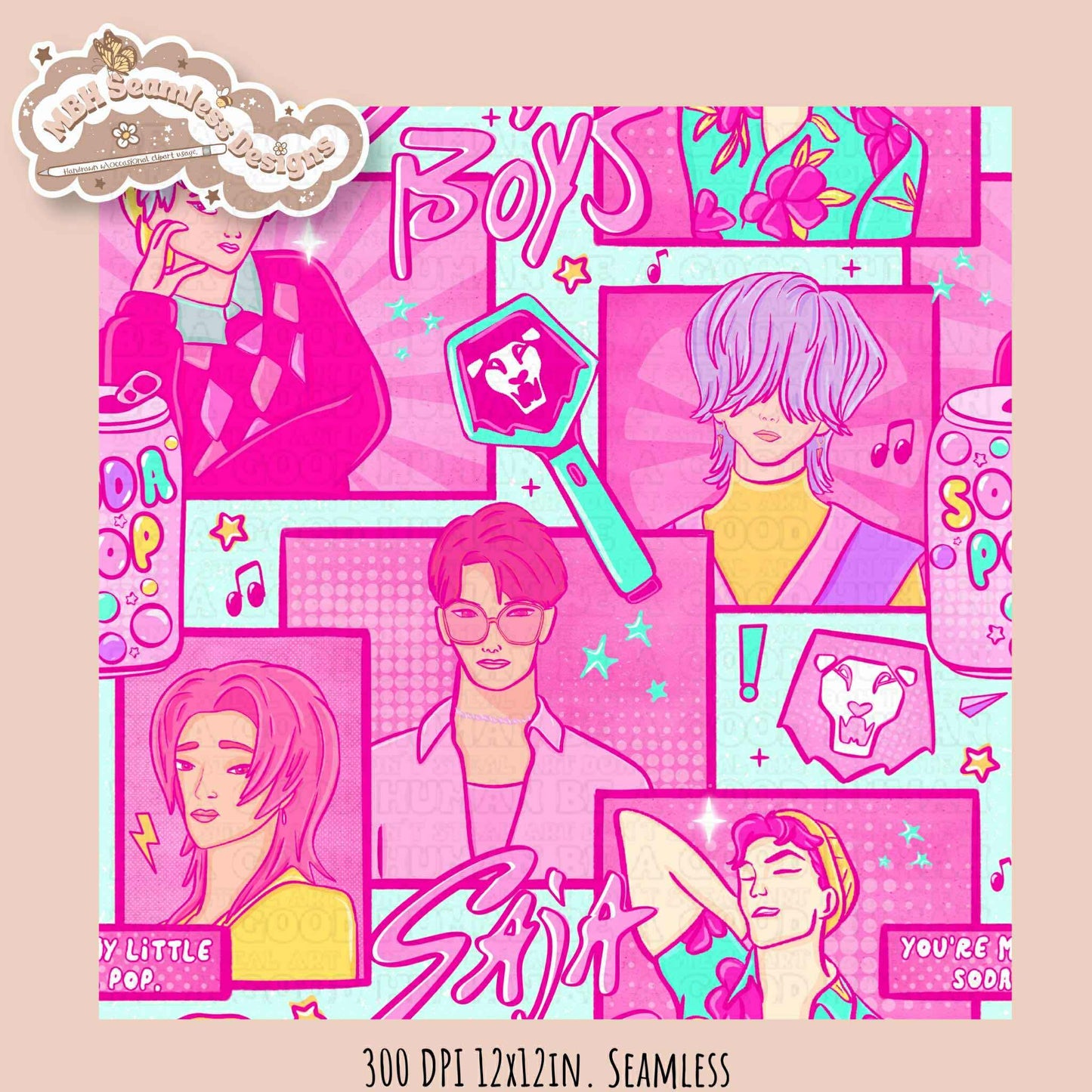 Pink Comic Soda Pop Boys Seamless Pattern // Assorted Colorway Options
