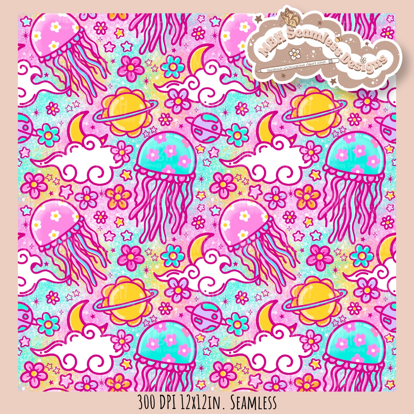 Space Jellyfish Seamless Pattern • Multiple Colorways •  Coordinates • PNG