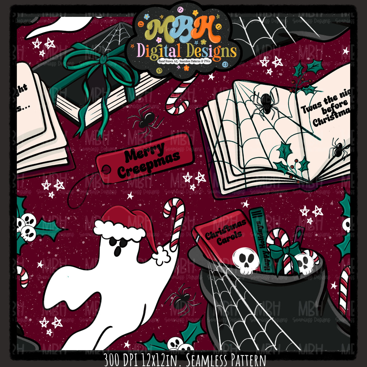 Bookish Creepmas Seamless Pattern // MULTIPLE COLORWAYS
