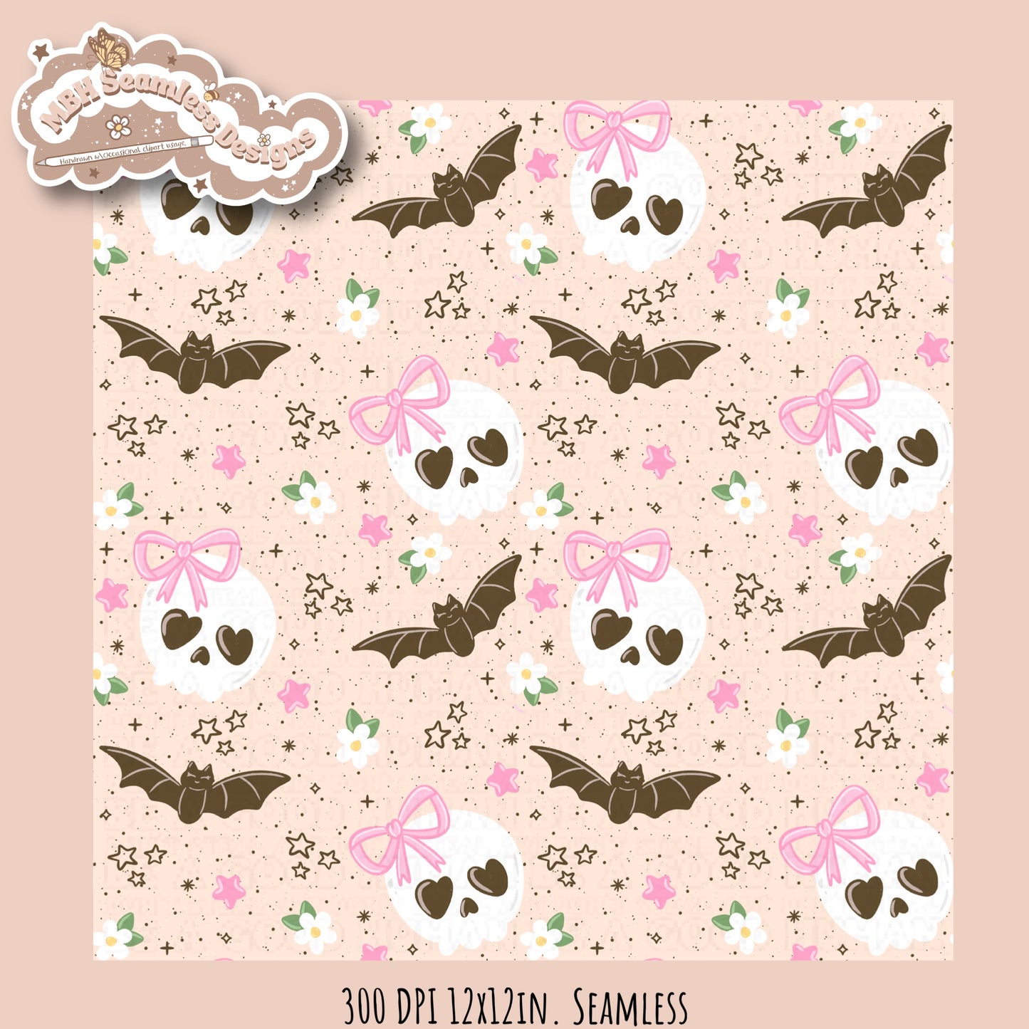 Girly Skulls and Bats Seamless Pattern // Multiple Colorways