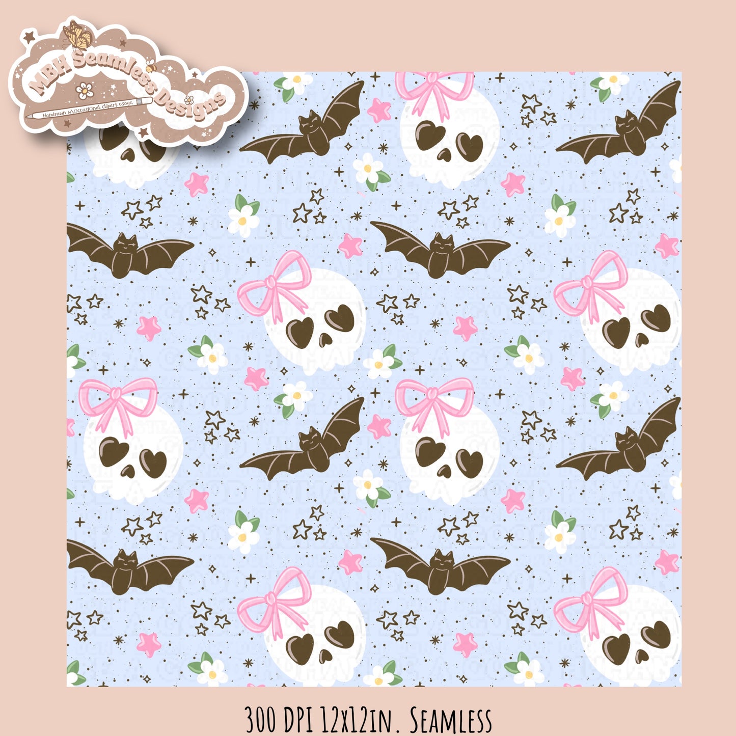Girly Skulls and Bats Seamless Pattern // Multiple Colorways