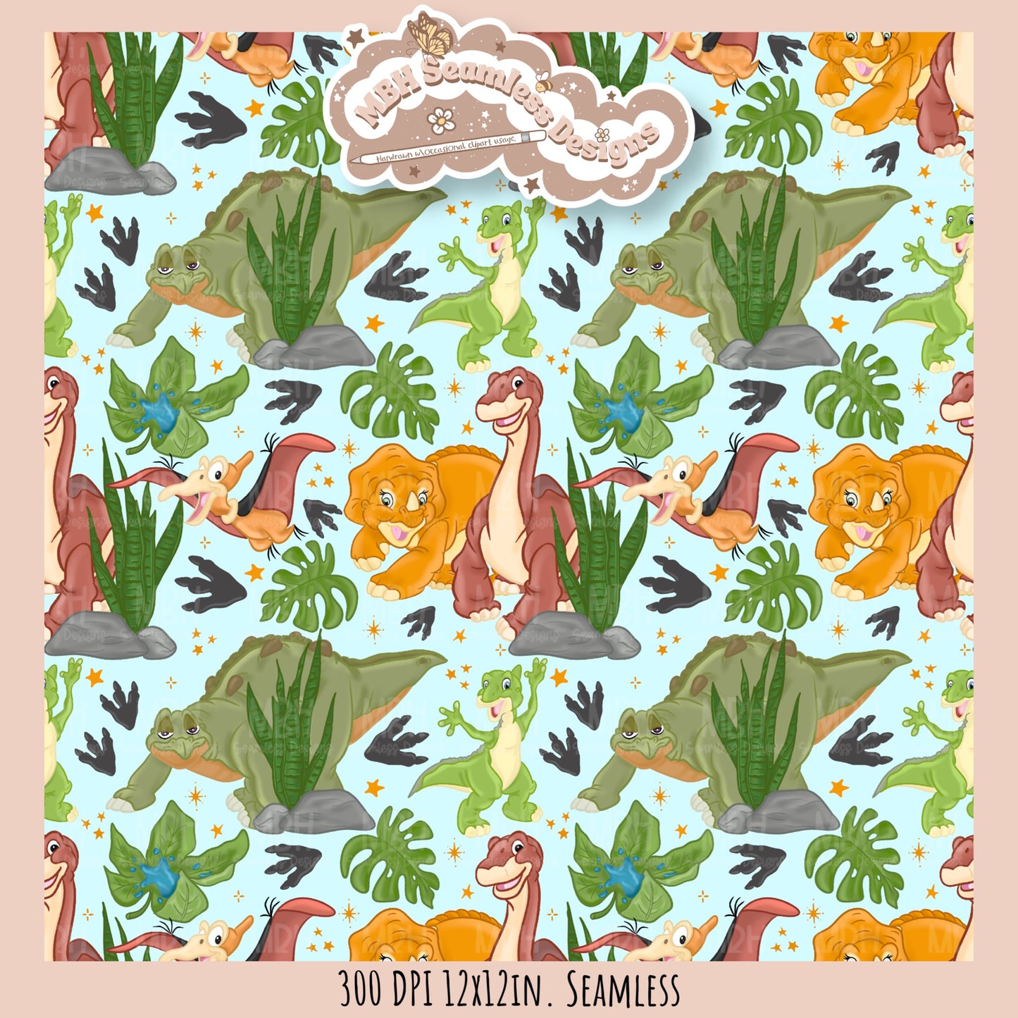 Starry LBT Dinosaurs Seamless Pattern // Multiple Colorway Options