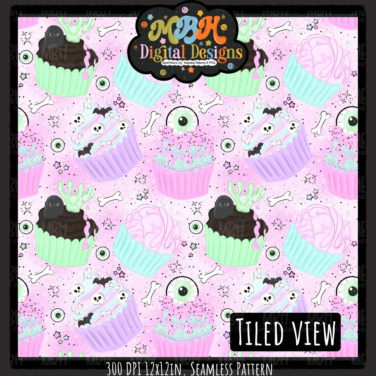 Pastel Creepy Cupcakes Seamless Pattern // PNG // MULTIPLE COLORWAYS