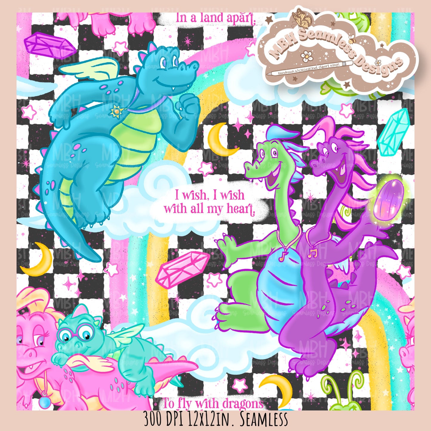 Rainbow Dragon Tales Seamless Pattern  // MULTIPLE COLORWAYS // PNG