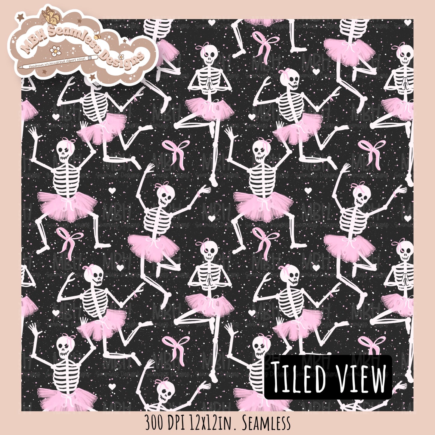 Ballerina Skeletons Seamless Pattern•PNG•Multiple Colorways