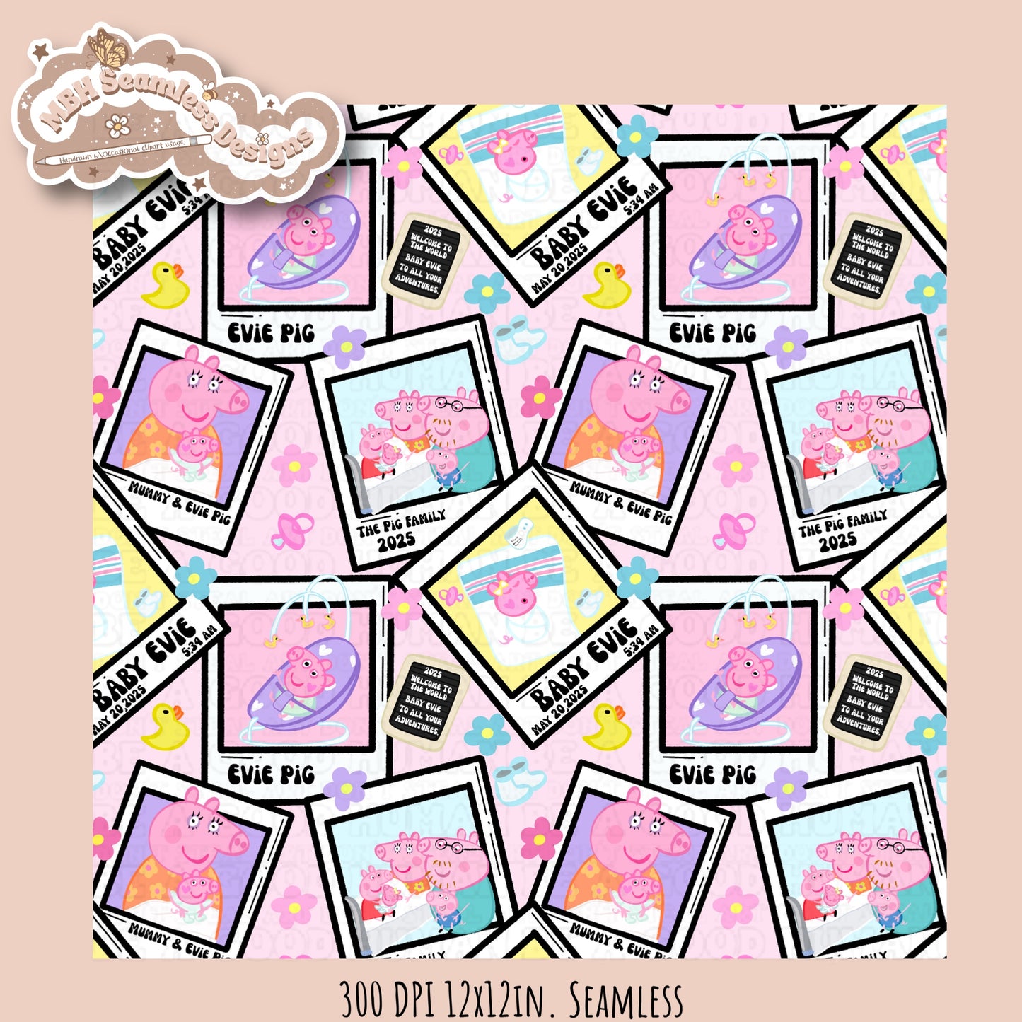 Black Outline Evie Pig Polaroids Seamless Pattern • Multiple Colorway Options