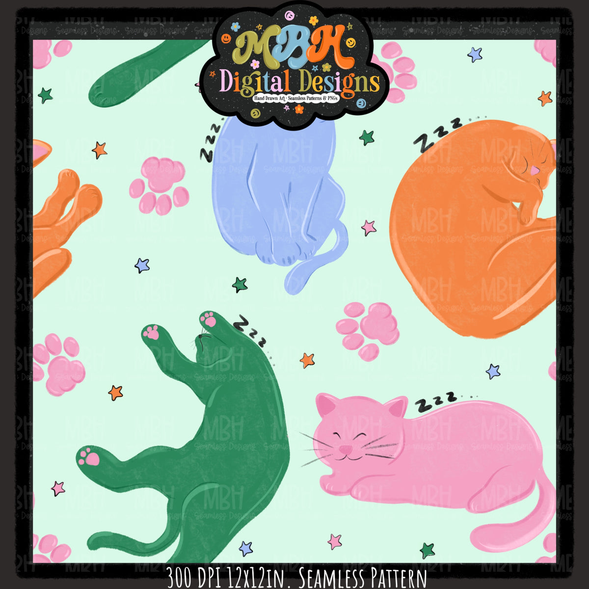 Retro Starry Sleepy Cats Seamless Pattern // PNG // MULTIPLE COLORWAYS