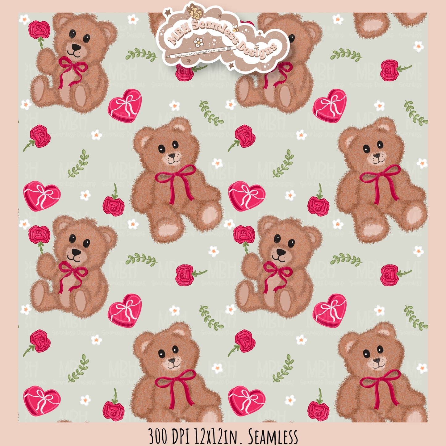 Teddy Bears & Roses Seamless Pattern // PNG // Assorted Colorways