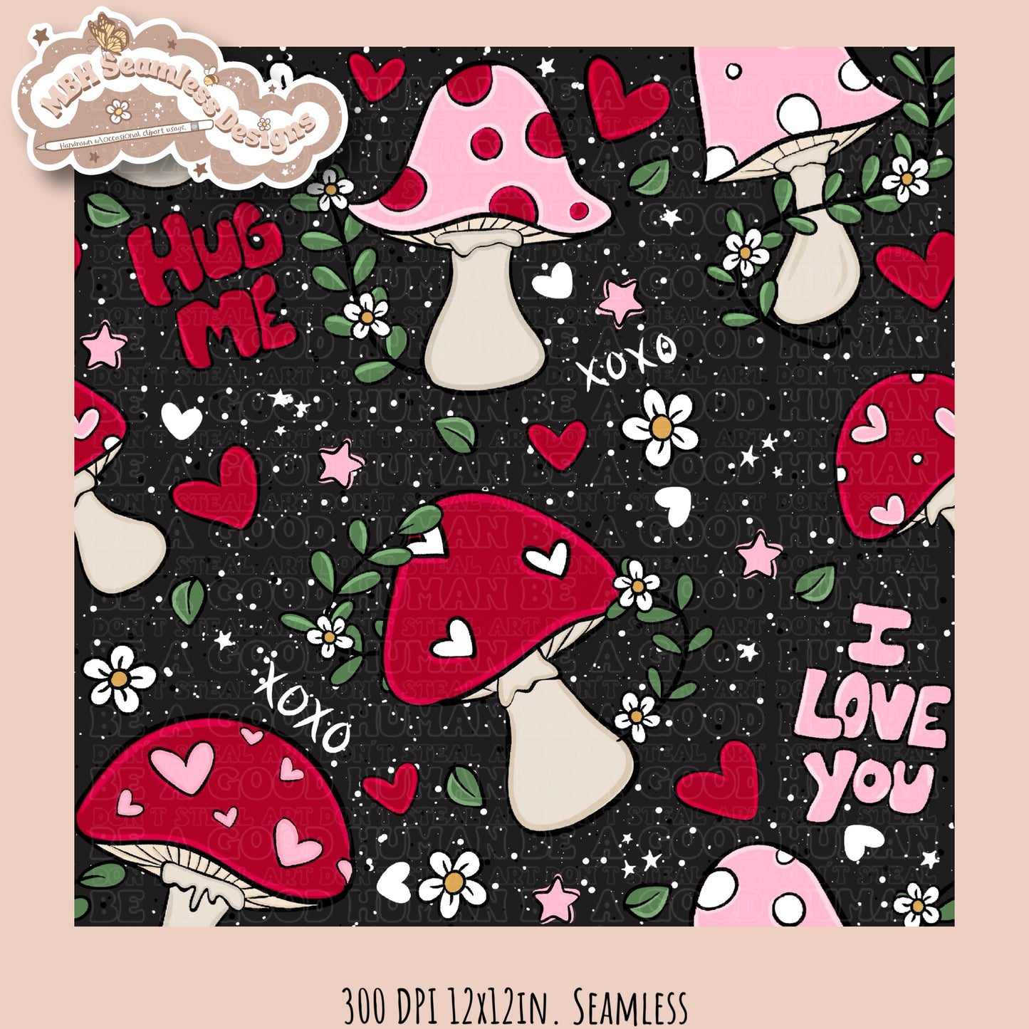 Mushroom Hearts Seamless Pattern Multiple Colorways