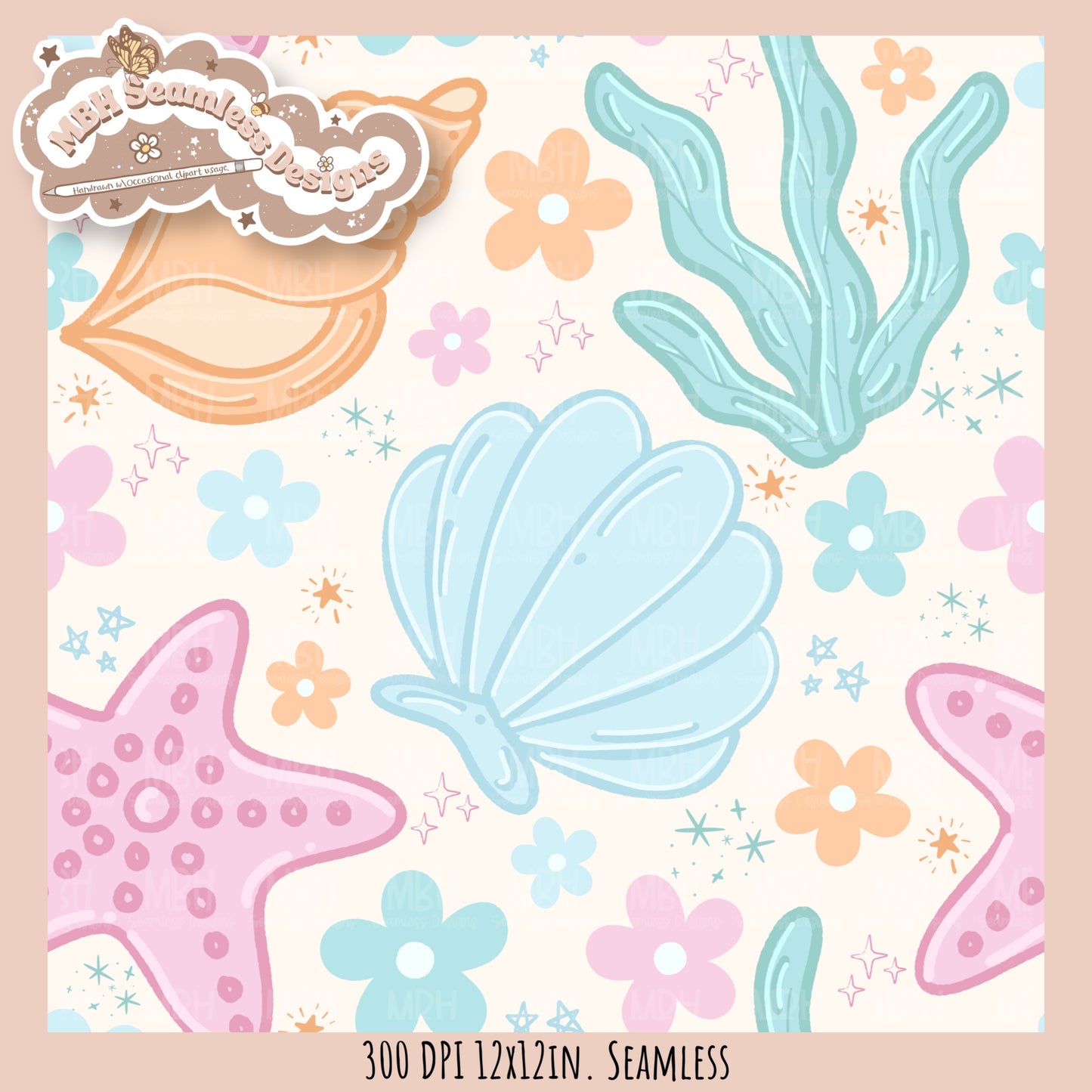 Pastel Seashells & Daisies Seamless Pattern MULTIPLE COLORWAYS