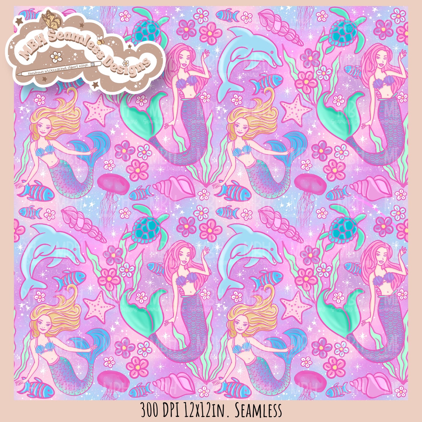 Barbie Mermaids Seamless Pattern //  MULTIPLE COLORWAYS
