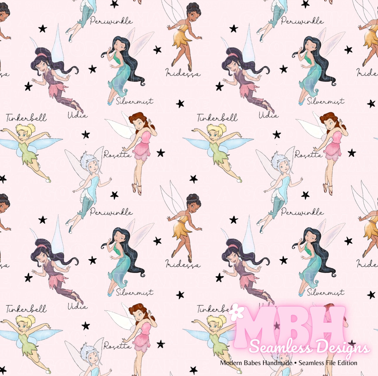 Tink & Friends Black Starry Names Seamless Pattern