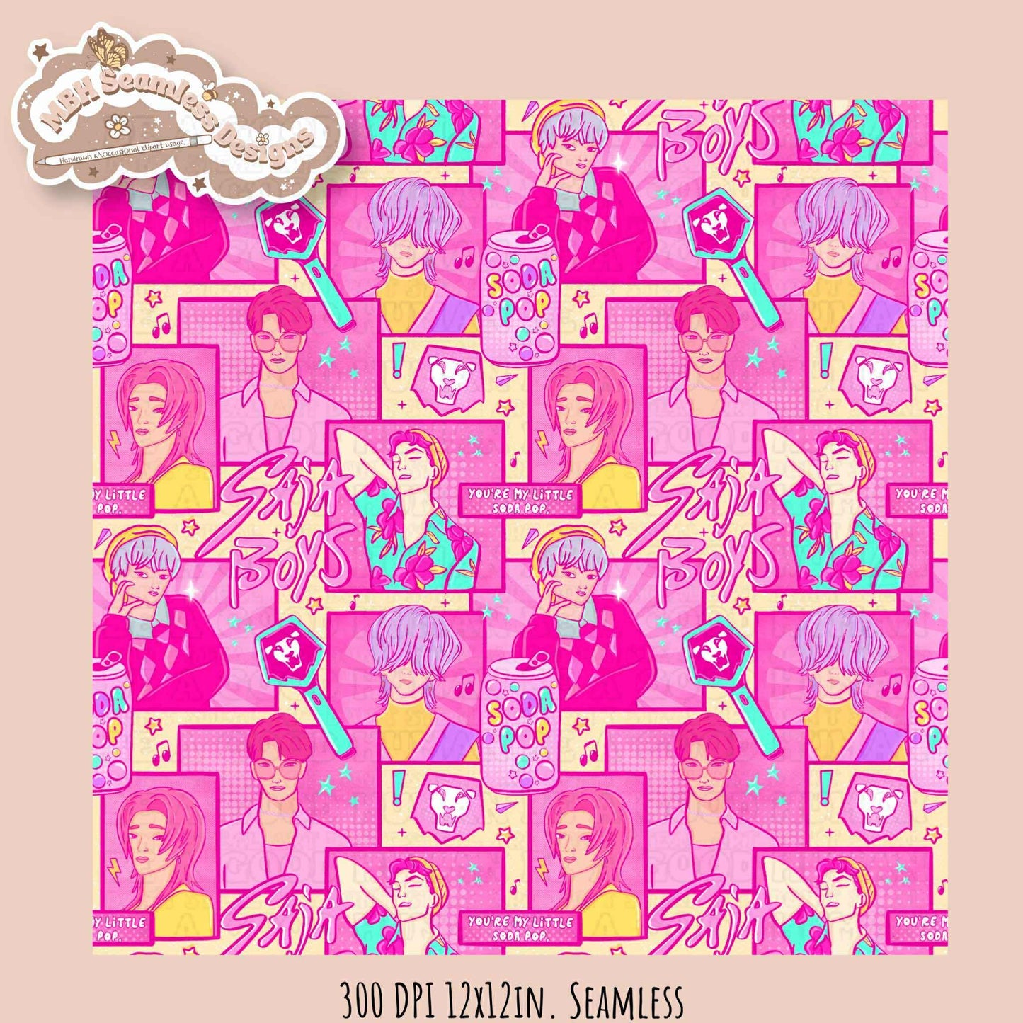 Pink Comic Soda Pop Boys Seamless Pattern // Assorted Colorway Options