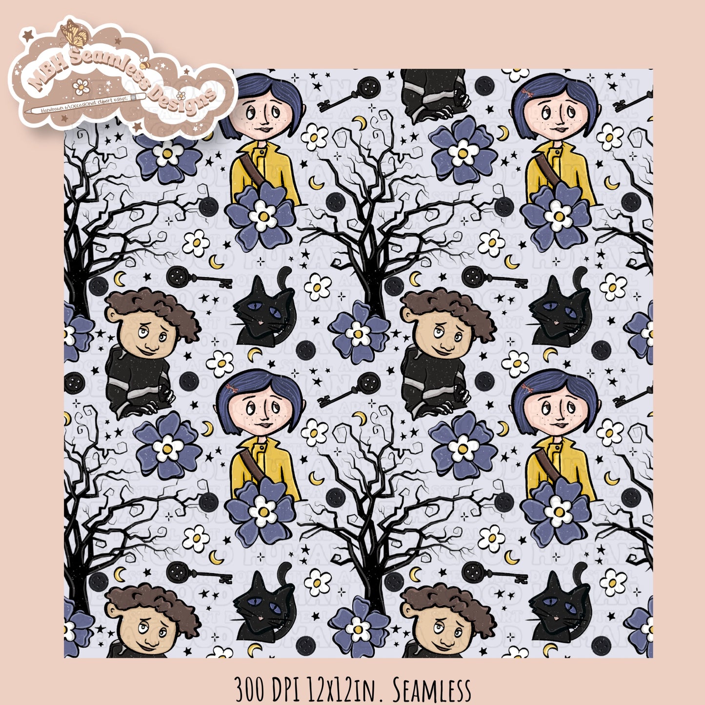 Bohemian Floral Button Eye Girl Seamless Pattern // PNG // Assorted Colorway Options