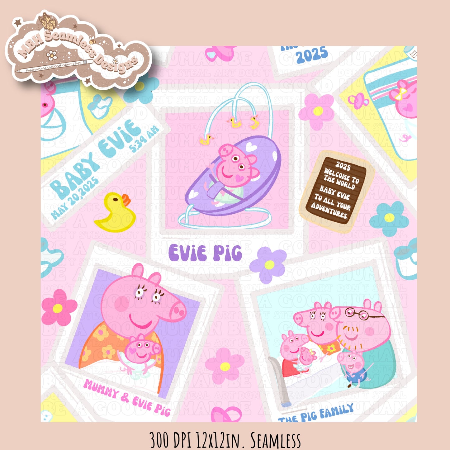 Evie Pig Polaroids Seamless Pattern • Multiple Colorway Options
