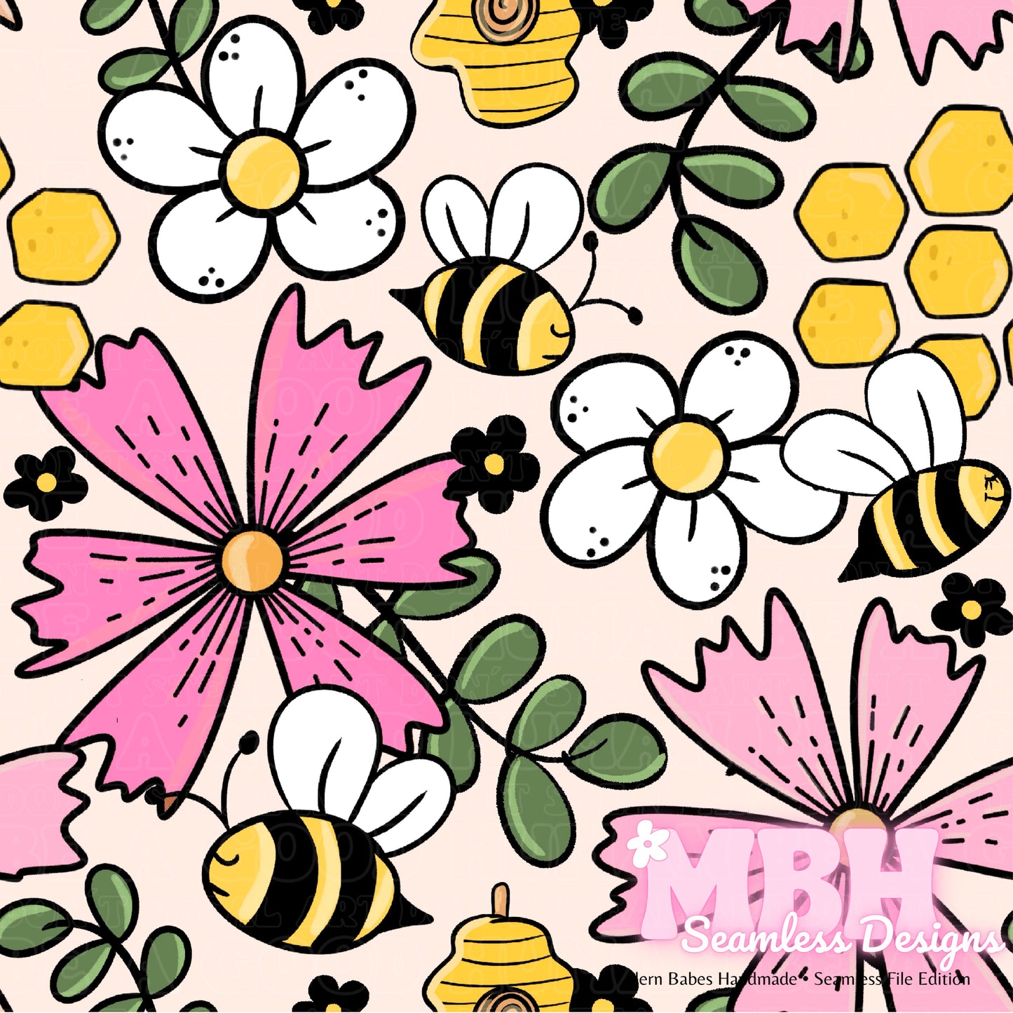 Pink Floral Bees MULTIPLE COLORWAYS Seamless Pattern