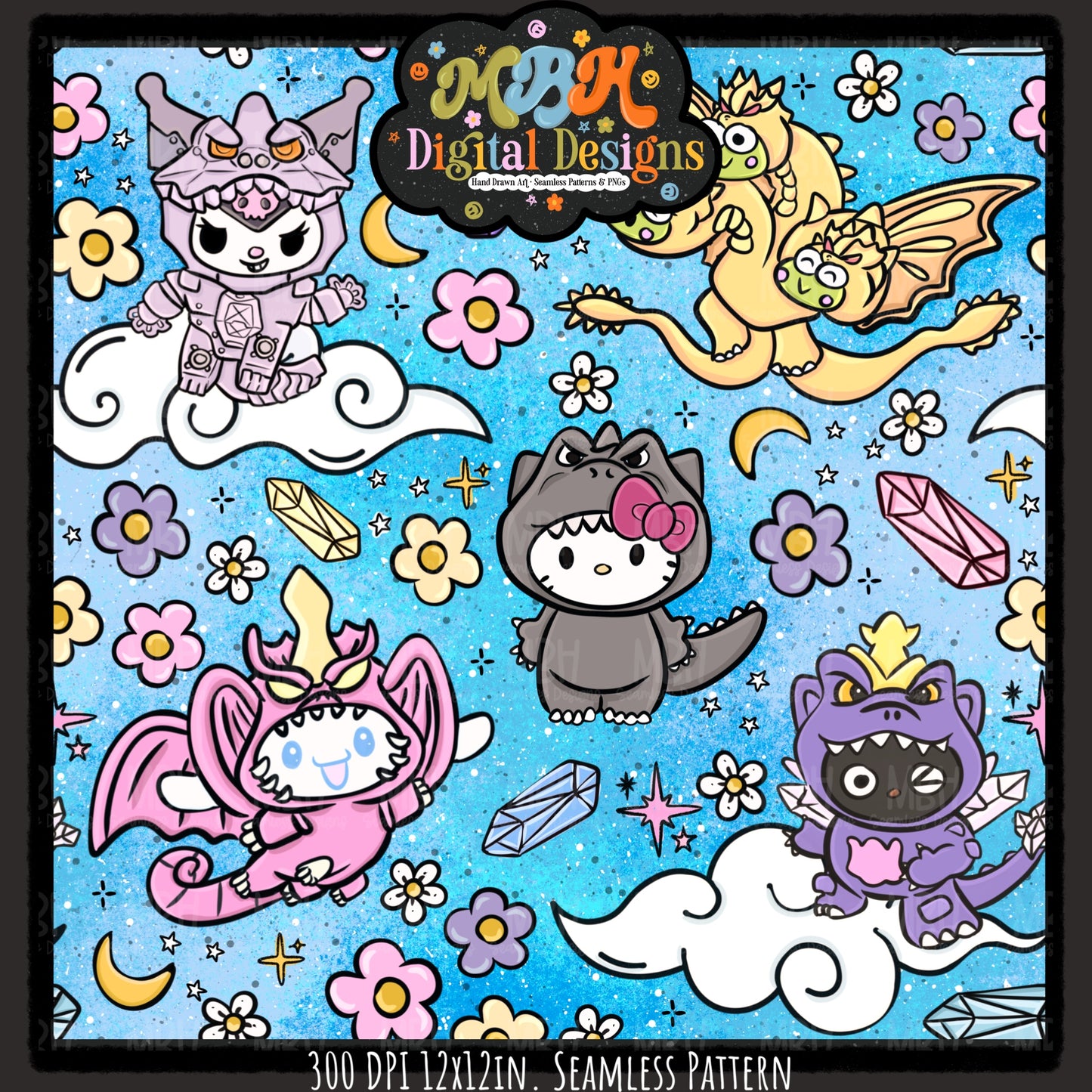 Kitty X Godzilla Seamless Pattern MULTIPLE COLORWAYS // PNG