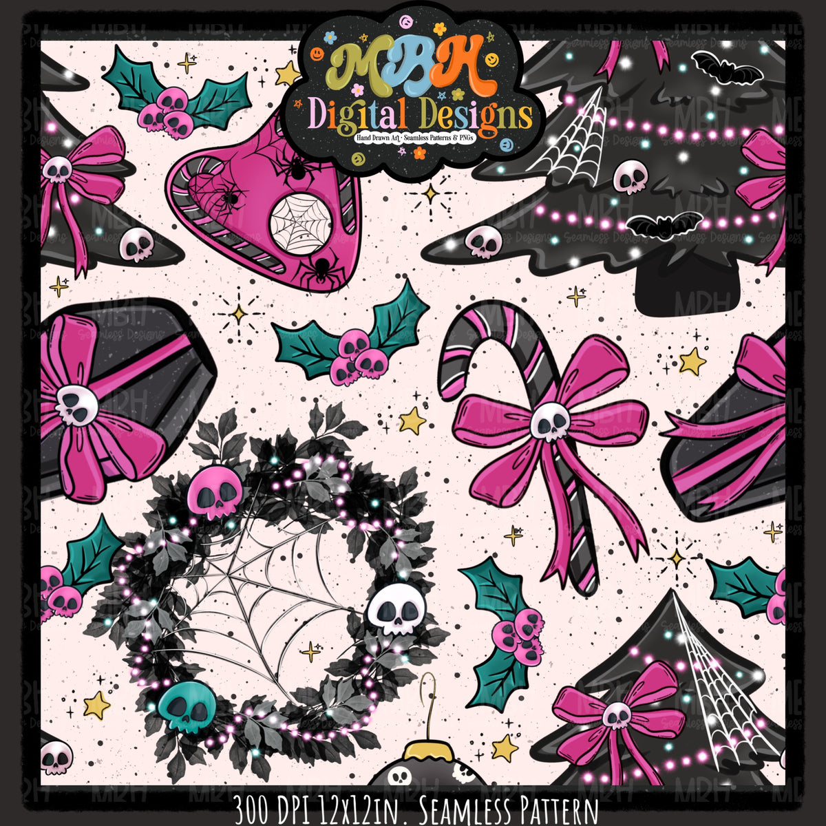Creepy Christmas Skulls Seamless Pattern // PNG // MULTIPLE COLORWAYS