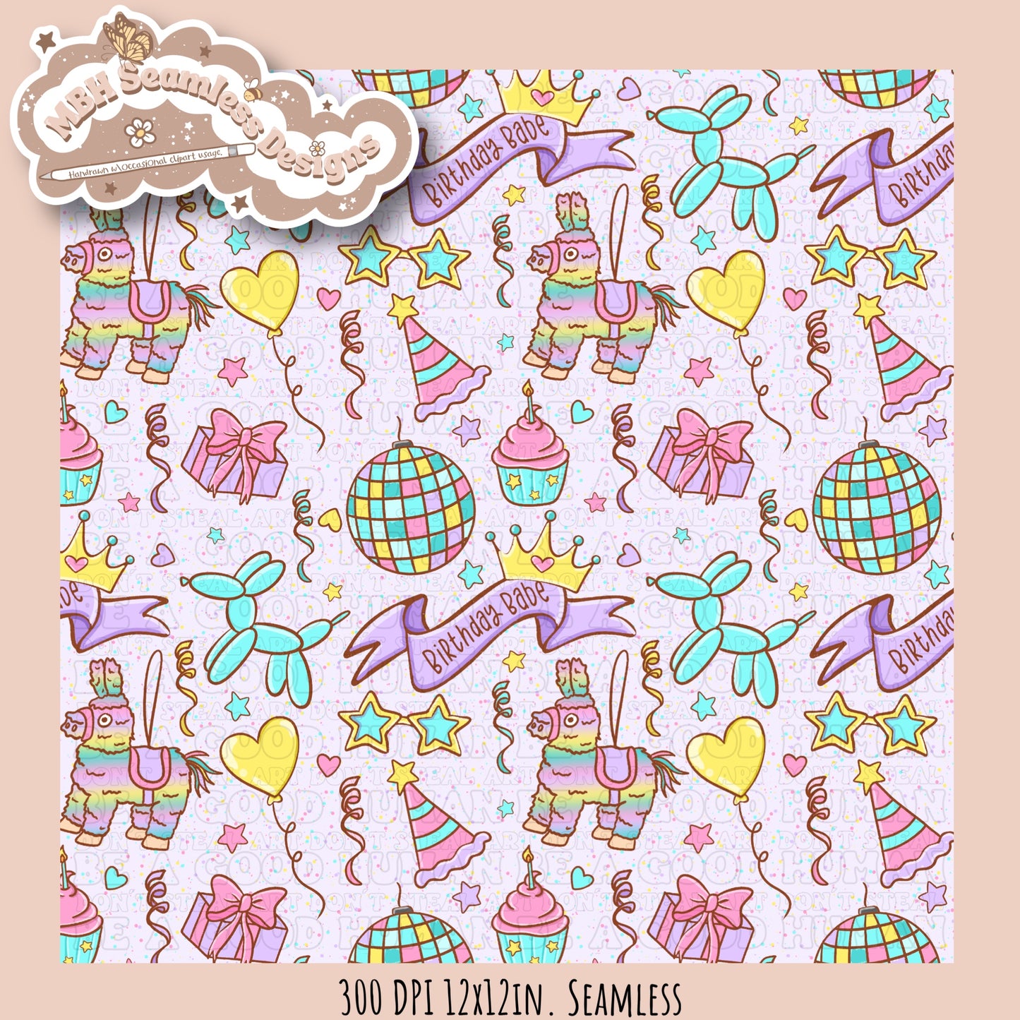 Girly Birthday Babe Seamless Pattern & PNG MULTIPLE COLORWAY OPTIONS