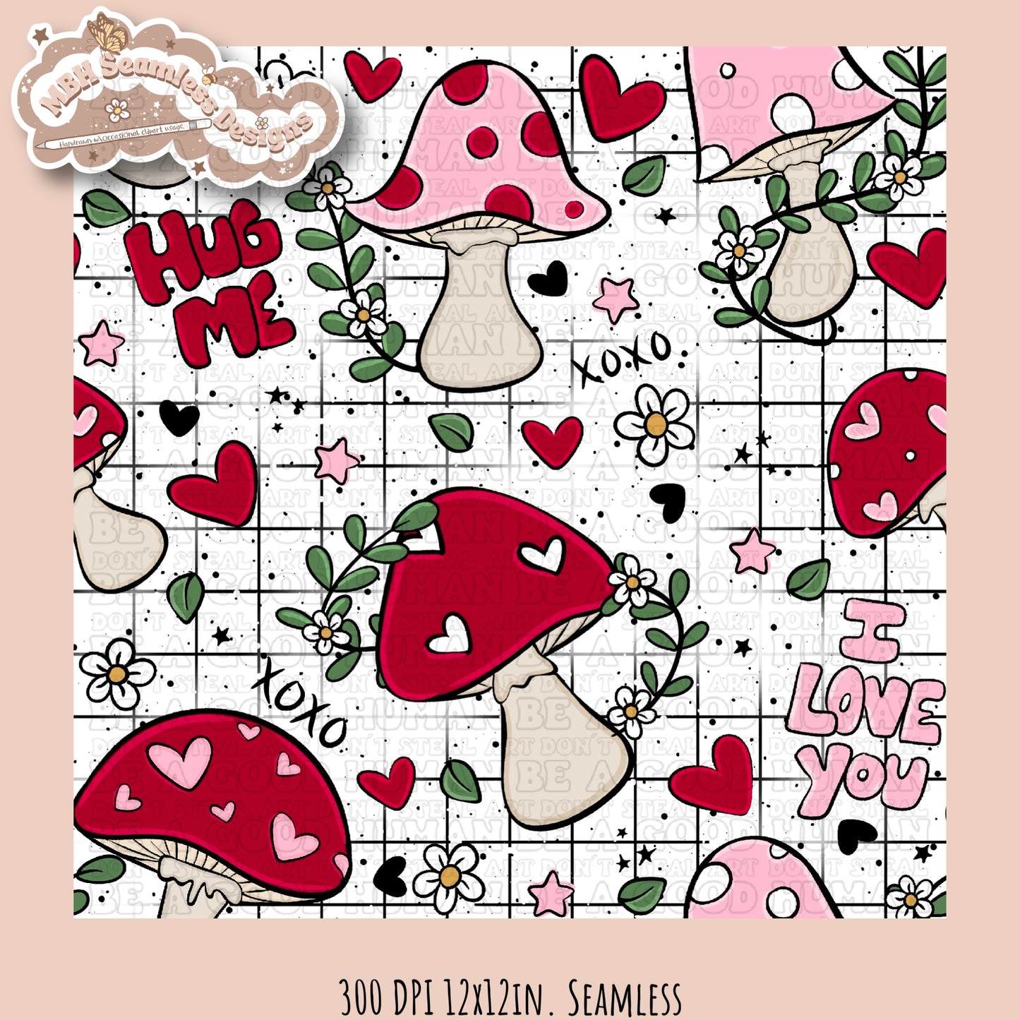 Mushroom Hearts Seamless Pattern Multiple Colorways