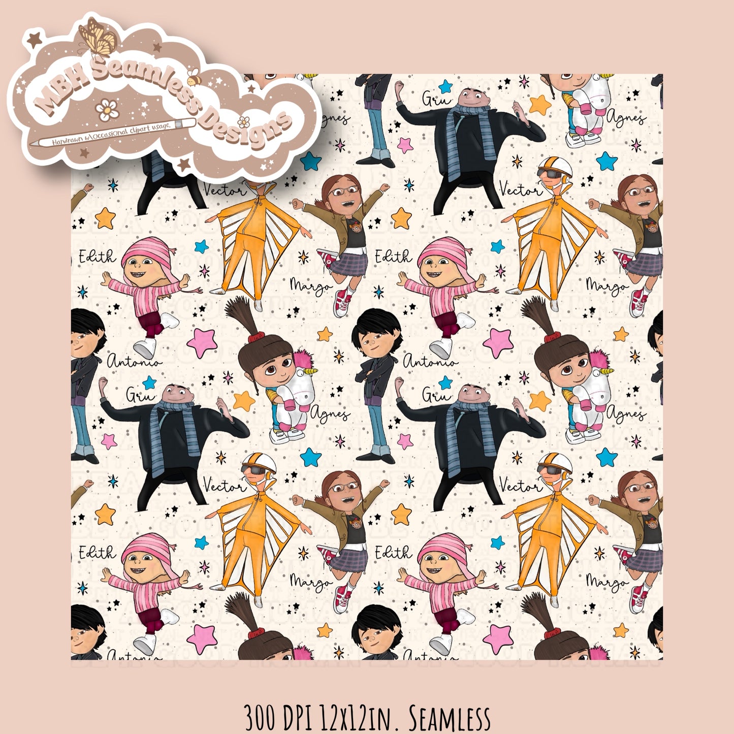 Despicable Me Character Names Seamless Pattern MULTIPLE COLORWAYS