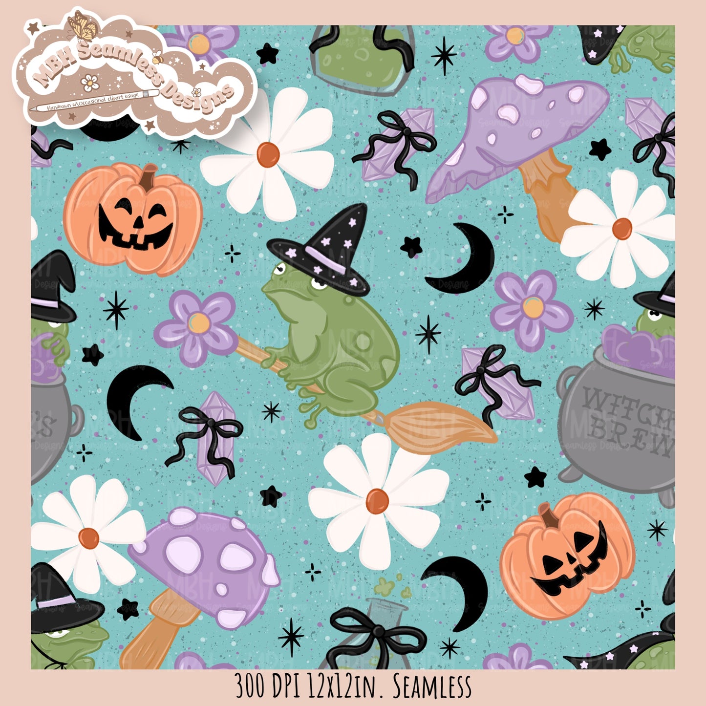Coquette Witchy Frogs Seamless Pattern•PNG•Multiple Colorways