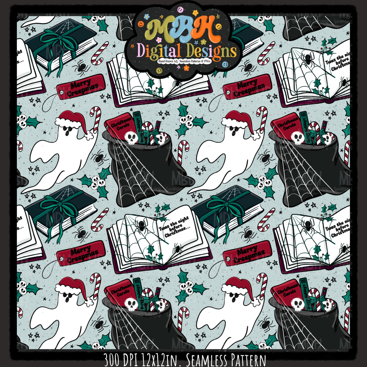 Bookish Creepmas Seamless Pattern // MULTIPLE COLORWAYS
