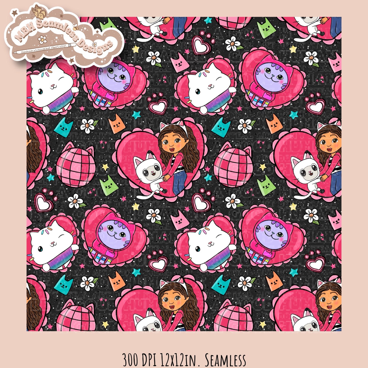 Gabby Valentine Hearts Seamless Pattern & PNG  MULTIPLE COLORWAY/BACKGROUND OPTIONS