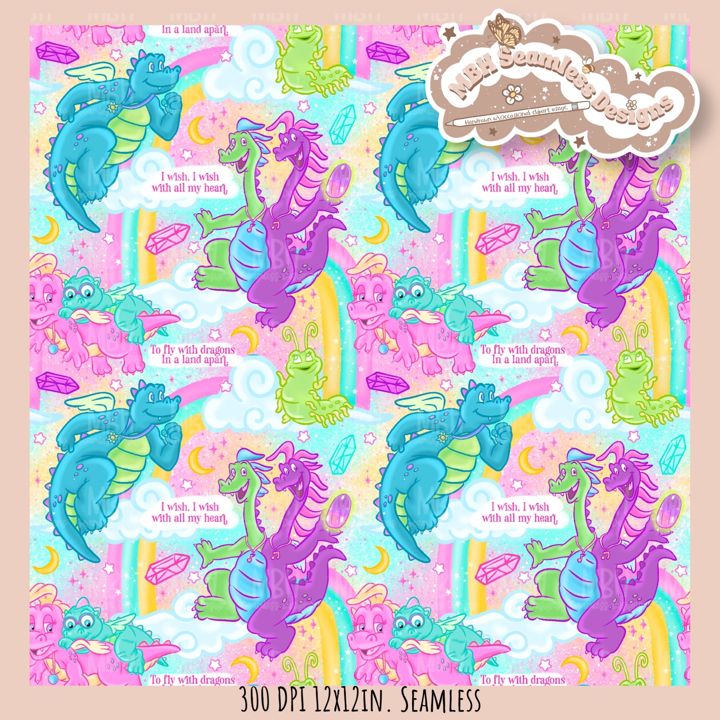 Rainbow Dragon Tales Seamless Pattern  // MULTIPLE COLORWAYS // PNG