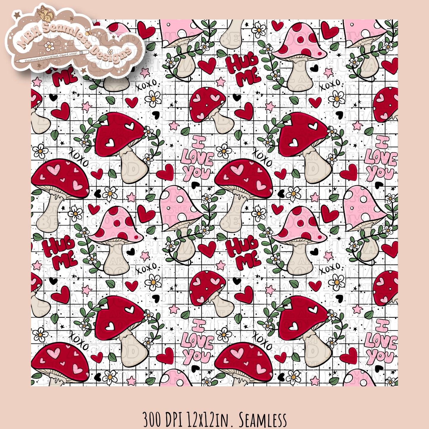 Mushroom Hearts Seamless Pattern Multiple Colorways