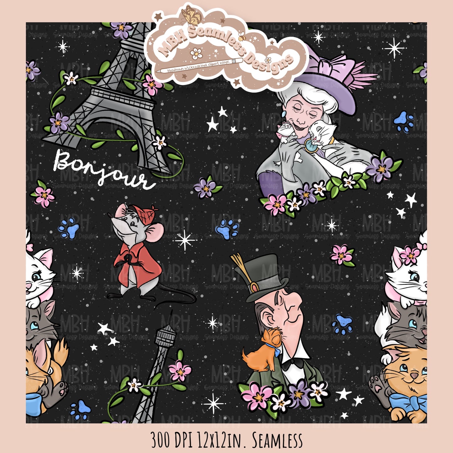 Floral Aristocats Seamless Pattern // PNG // Multiple Colorway Options