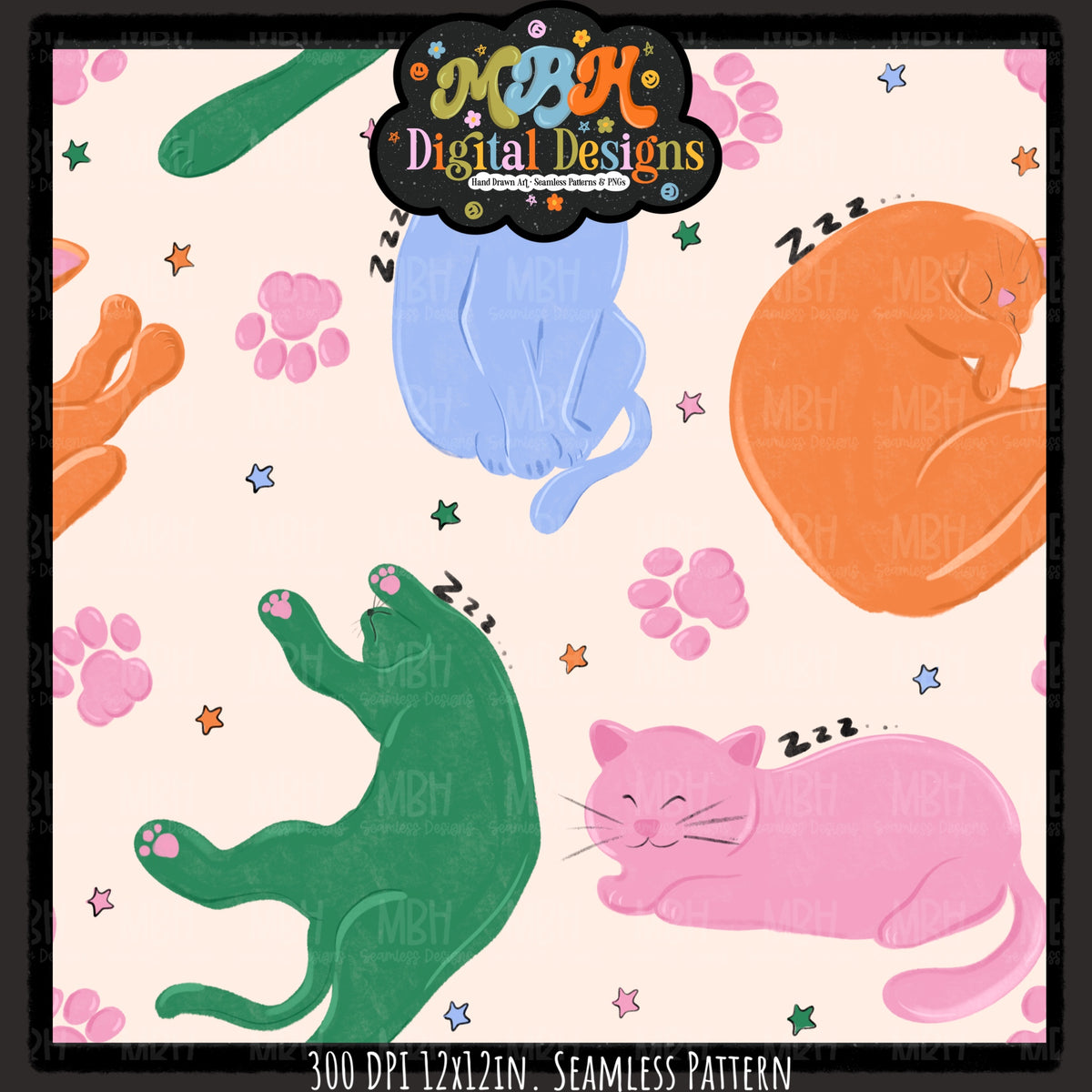 Retro Starry Sleepy Cats Seamless Pattern // PNG // MULTIPLE COLORWAYS
