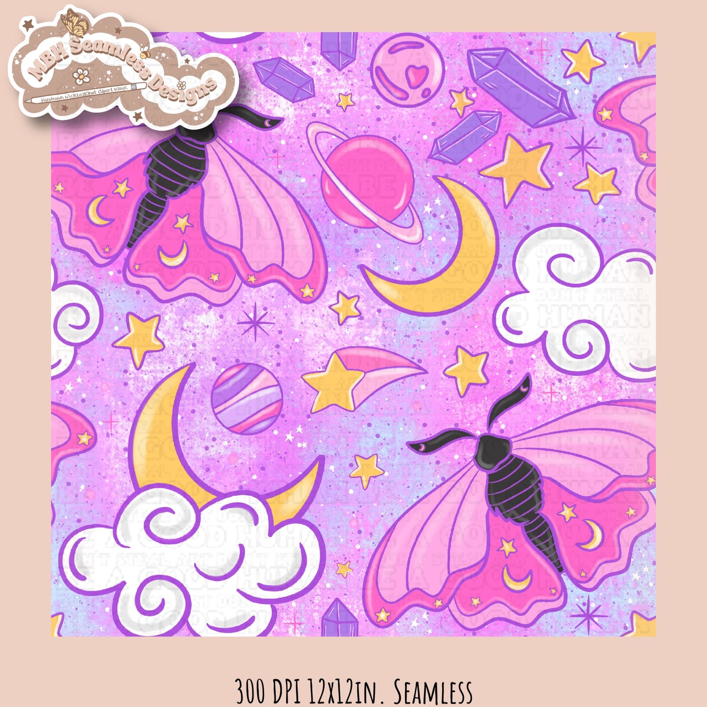 Galaxy Moths Seamless Pattern Multiple Colorways